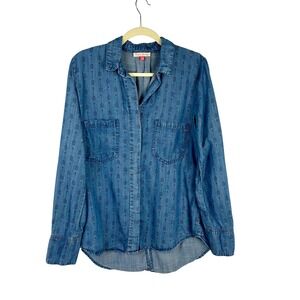 English Laundry Womens Button Down Top Arrow Print Blue Chambray Shirt Small